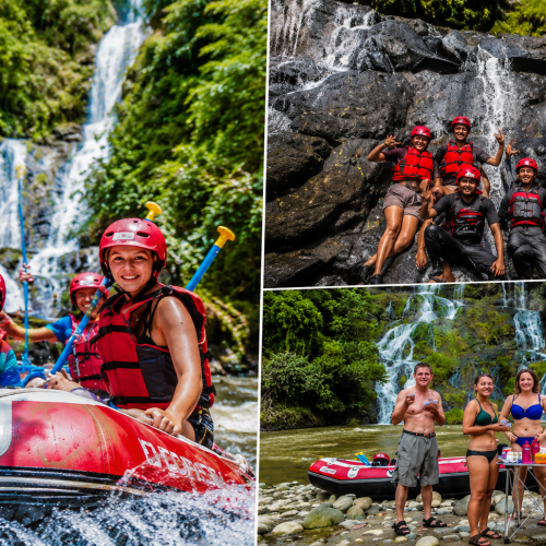 Professional rafting team paddling through crystal-clear river rapids in Toraja surrounded by tropical rainforest and spectacular highland scenery.