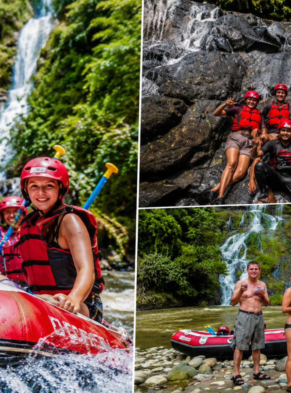 Professional rafting team paddling through crystal-clear river rapids in Toraja surrounded by tropical rainforest and spectacular highland scenery.