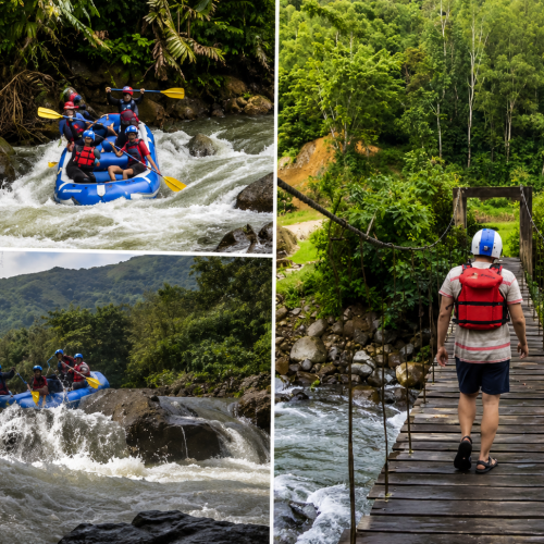 Exciting rafting adventure on a pristine river in Toraja featuring lush rainforest, rocky rapids, and traditional Indonesian highland scenery.