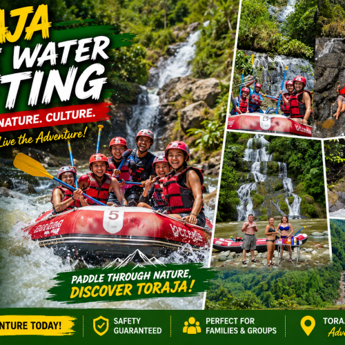 Adventure seekers enjoying an exciting white water rafting experience through Toraja's scenic river surrounded by lush rainforest and traditional Tongkonan houses.