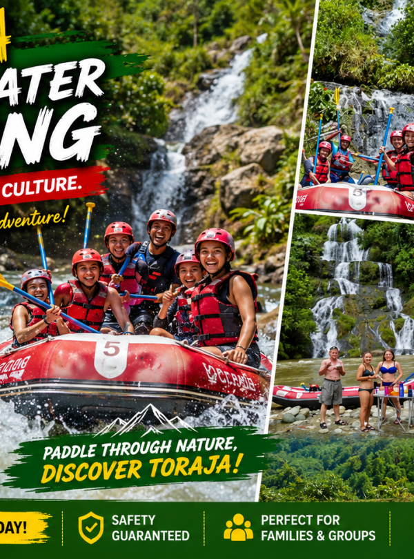 Adventure seekers enjoying an exciting white water rafting experience through Toraja's scenic river surrounded by lush rainforest and traditional Tongkonan houses.