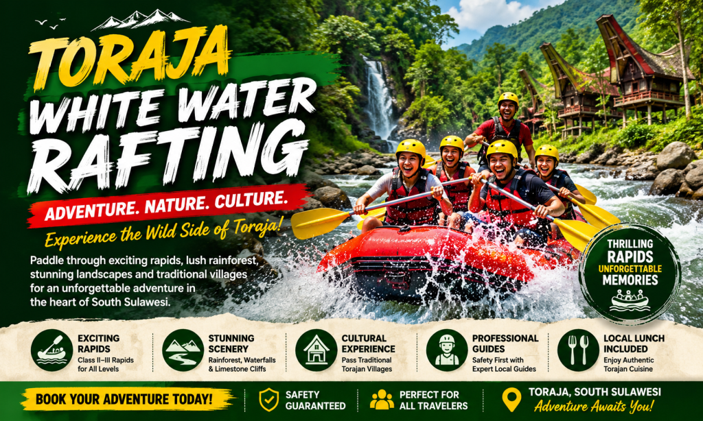 Adventurers enjoying an exciting white water rafting experience on a scenic river in Toraja, South Sulawesi, surrounded by lush tropical rainforest, dramatic rapids, waterfalls, and traditional Tongkonan houses.