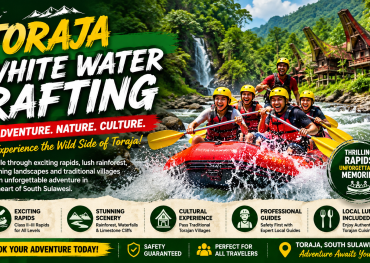 Adventurers enjoying an exciting white water rafting experience on a scenic river in Toraja, South Sulawesi, surrounded by lush tropical rainforest, dramatic rapids, waterfalls, and traditional Tongkonan houses.