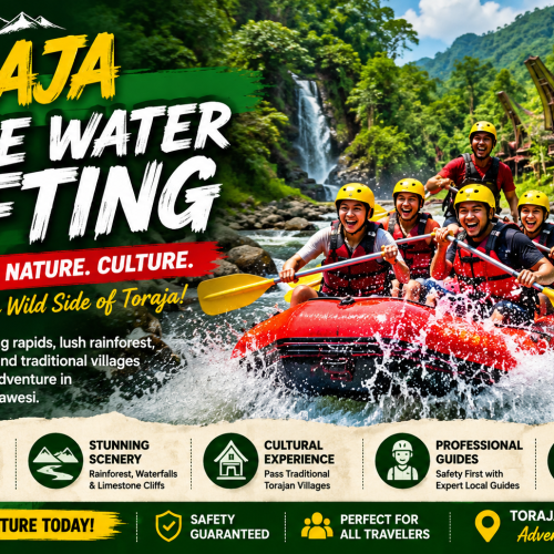 Adventurers enjoying an exciting white water rafting experience on a scenic river in Toraja, South Sulawesi, surrounded by lush tropical rainforest, dramatic rapids, waterfalls, and traditional Tongkonan houses.