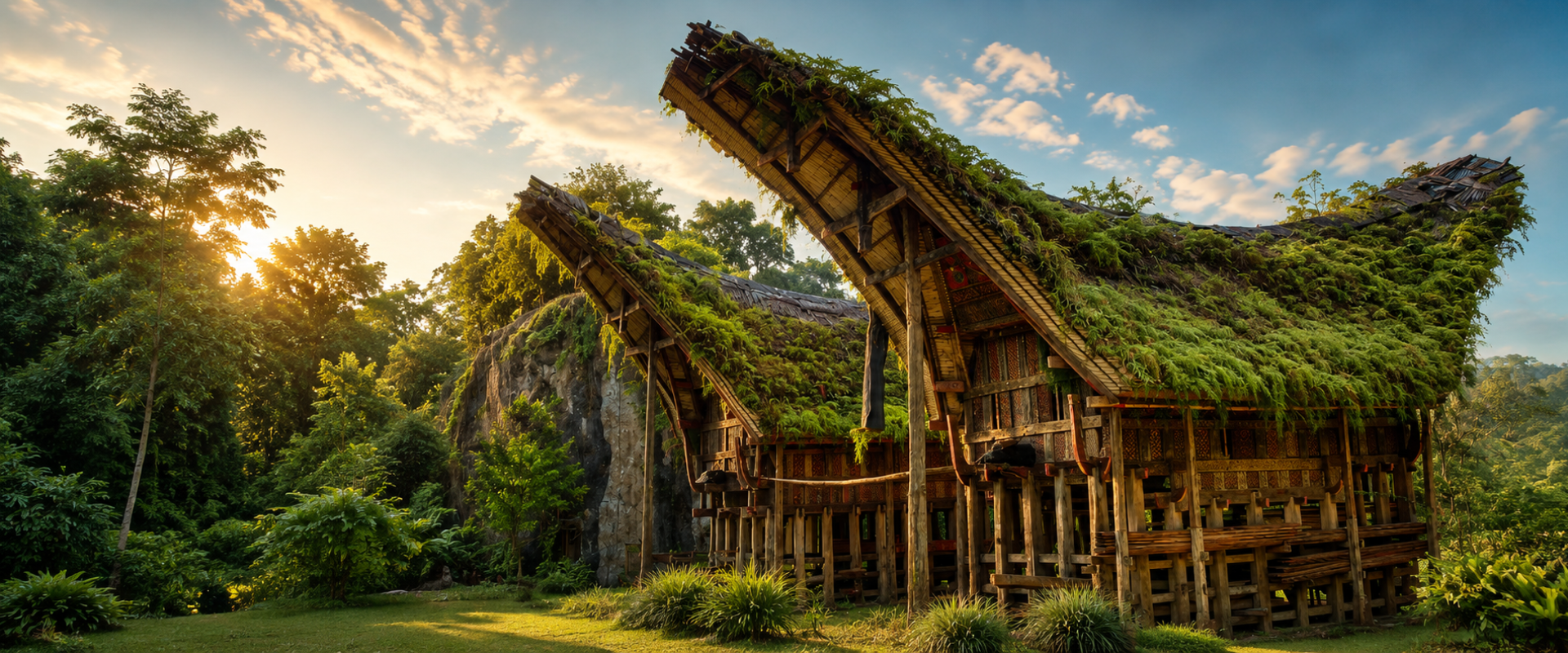 Traditional Tongkonan houses surrounded by lush tropical greenery in Toraja Traditional Village, South Sulawesi, Indonesia.
