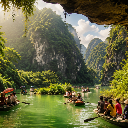 Traditional boat sailing through Rammang-Rammang Karst with dramatic limestone cliffs surrounded by lush tropical forest.
