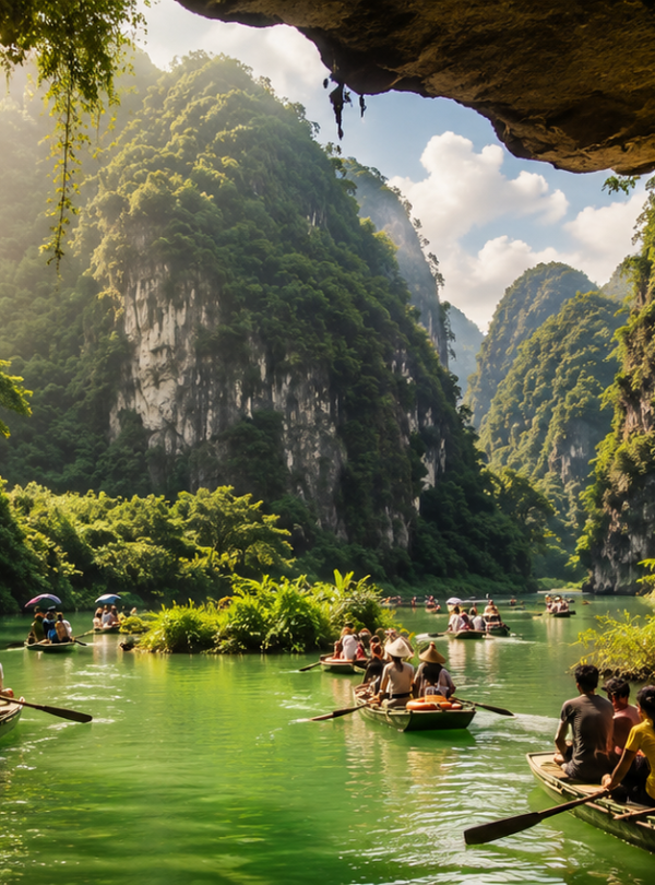 Traditional boat sailing through Rammang-Rammang Karst with dramatic limestone cliffs surrounded by lush tropical forest.