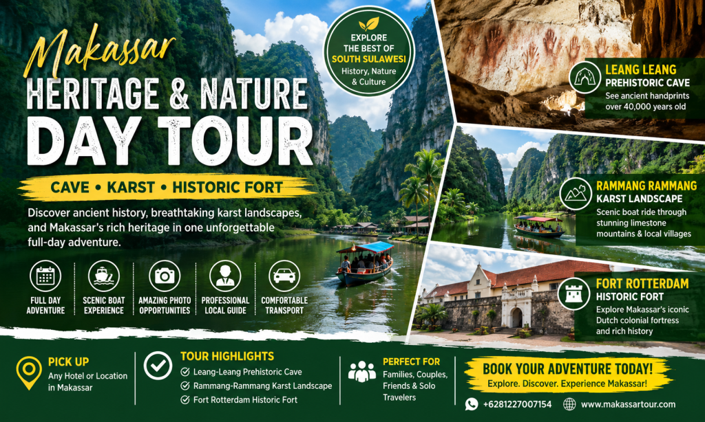 Travelers exploring the spectacular Rammang-Rammang Karst Landscape by traditional boat, visiting Leang-Leang Prehistoric Cave with ancient rock art, and discovering the historic Fort Rotterdam on a full-day Makassar heritage and nature tour in South Sulawesi, Indonesia.