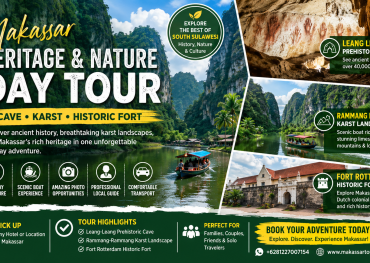 Travelers exploring the spectacular Rammang-Rammang Karst Landscape by traditional boat, visiting Leang-Leang Prehistoric Cave with ancient rock art, and discovering the historic Fort Rotterdam on a full-day Makassar heritage and nature tour in South Sulawesi, Indonesia.