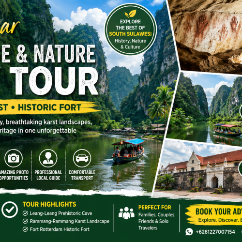 Travelers exploring the spectacular Rammang-Rammang Karst Landscape by traditional boat, visiting Leang-Leang Prehistoric Cave with ancient rock art, and discovering the historic Fort Rotterdam on a full-day Makassar heritage and nature tour in South Sulawesi, Indonesia.