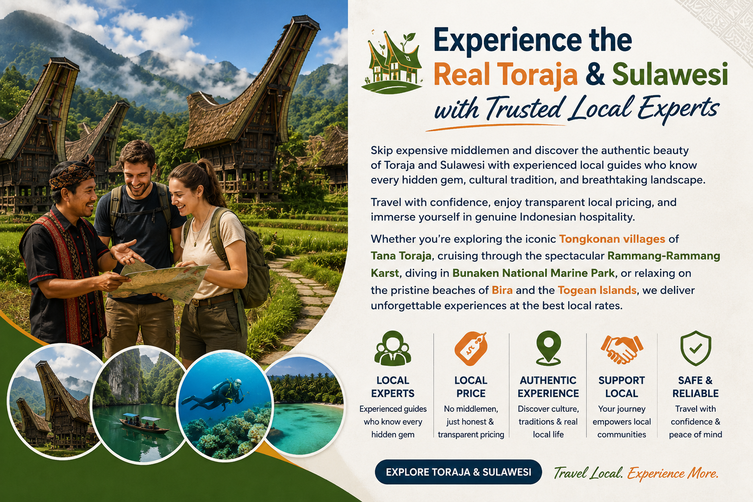 Local guide with tourists exploring traditional Tongkonan village in Toraja, South Sulawesi